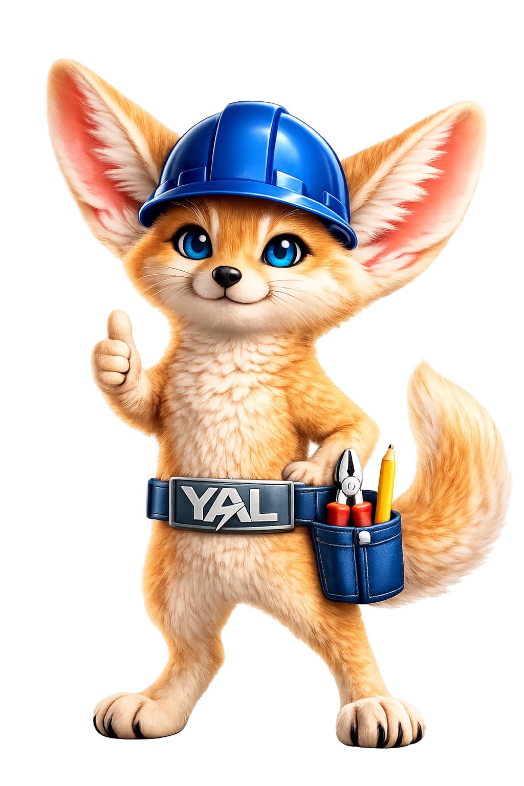 Mascotte officielle YAL Électricité avec casque bleu et ceinture d'outils